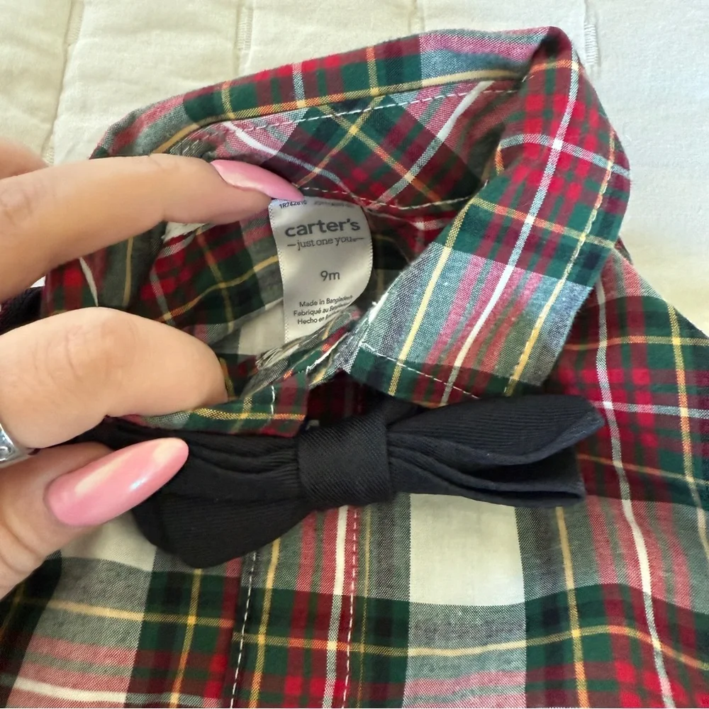 NWT CAERTERS Boys outfit plaid shirt bow tie suspenders corduroy pants holiday